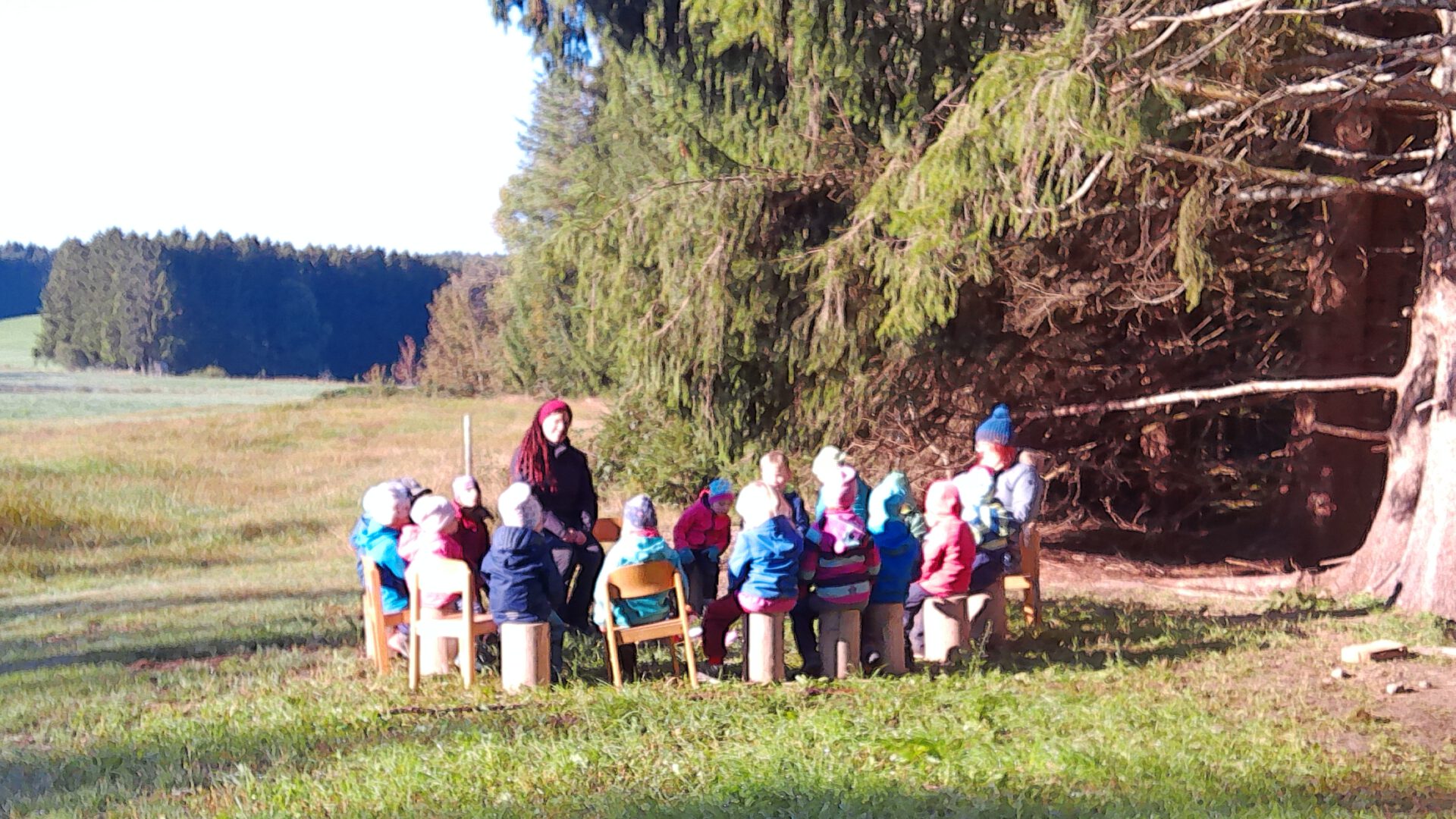Kinder und Erzieherinnen sitzen auf der Lichtung in der Sonne im Morgenkreis und singen ein Mitmachlied.